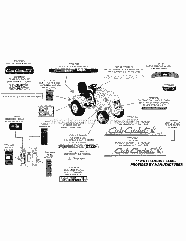 Label Map Diagram and Parts List for GT3204 14A-671-710 Cub Cadet Lawn Tractor